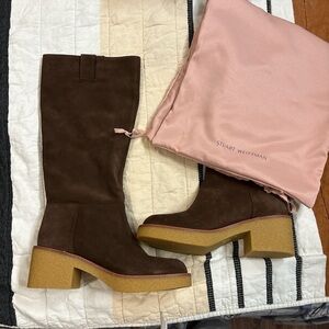 Stuart Weitzman Chocolate Suede Boots with Mustard Heel